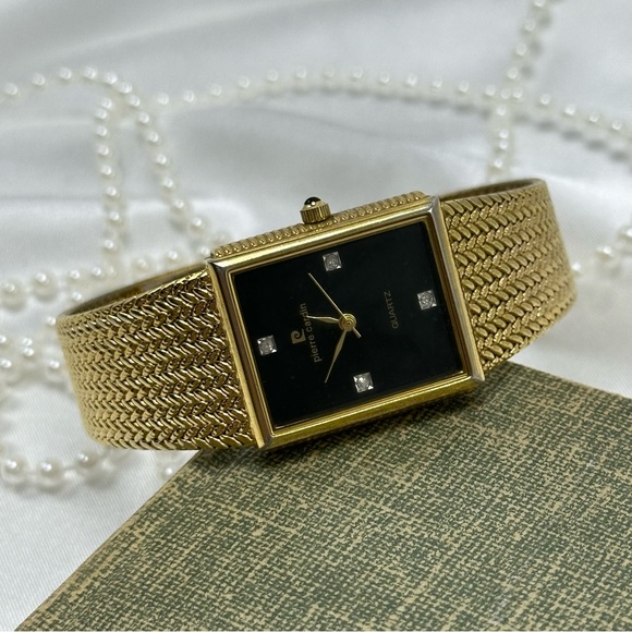 Vintage Pierre Cardin Gold Tank Watch with Black Dial and Diamond Markers main image 4
